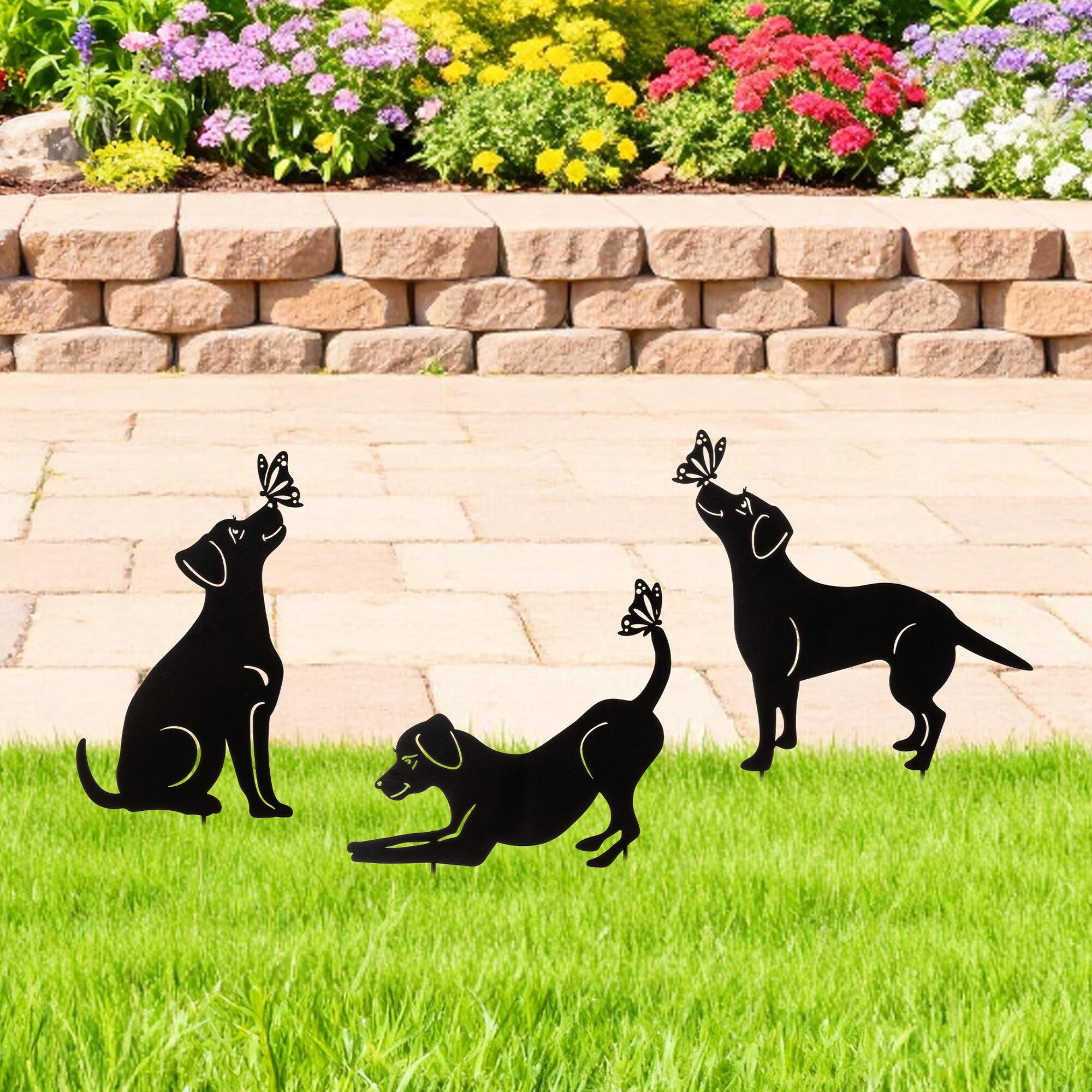 Glitzhome® 20" 2-in-1 Set of 3 Painted Metal Dog Silhouette Garden Picks & Wall Decor
